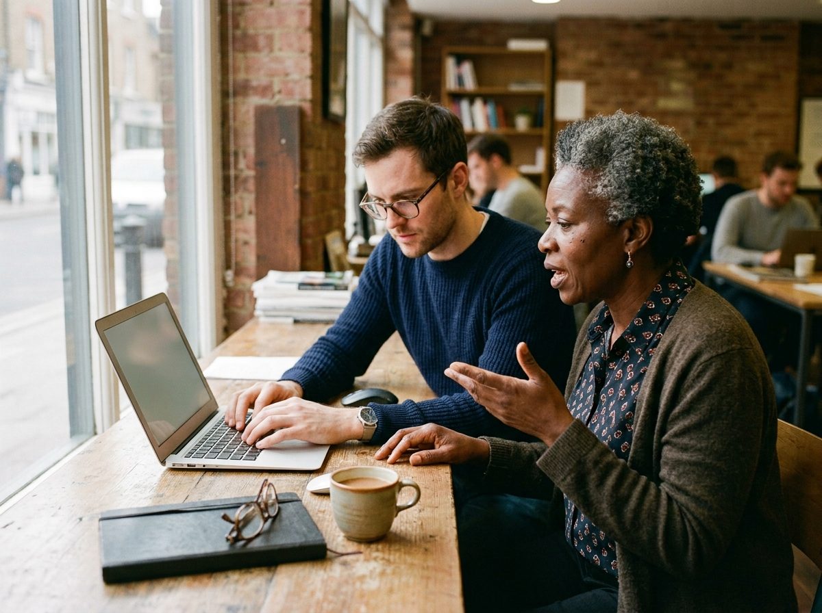 Two people working on the same document on a laptop, one dictating while the other types.
