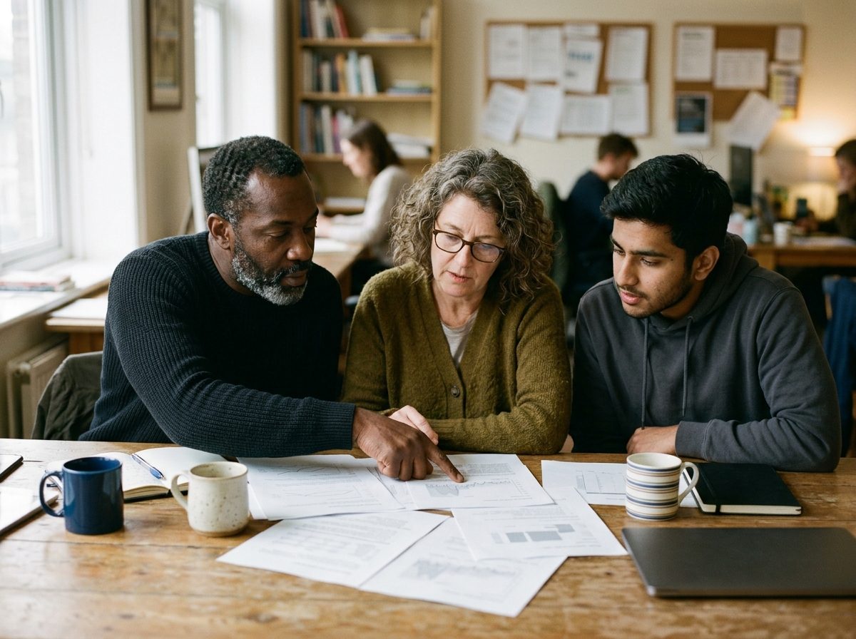 Three people around a table comparing printed pages, one pointing at a figure.