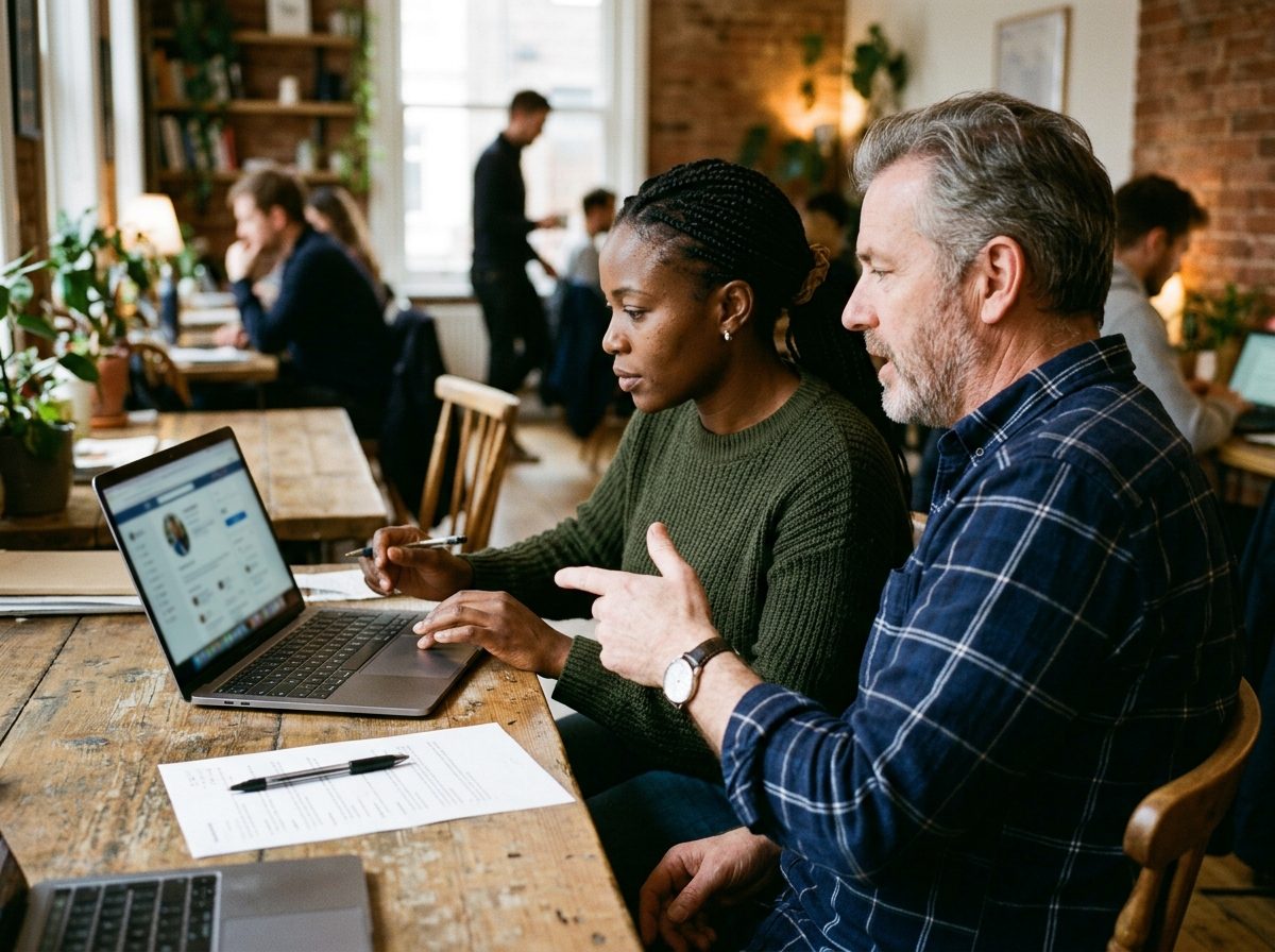 Two people at a laptop reviewing a professional profile page together.