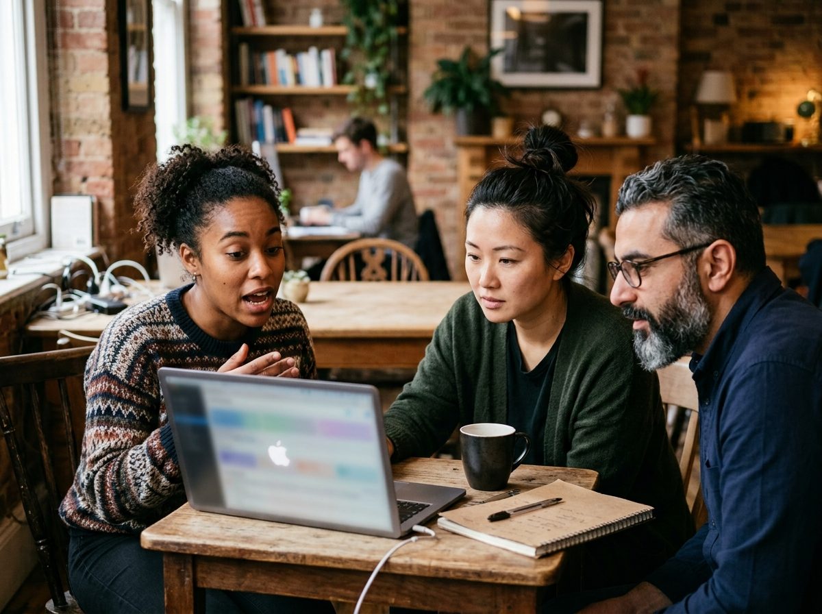Three people around a laptop, one of them working through a problem out loud.