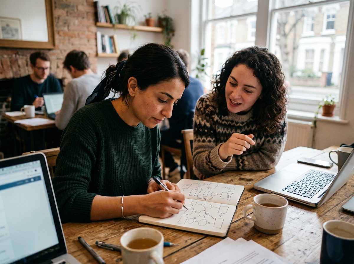 A woman at a table sketching a product idea in a notebook while another looks on.