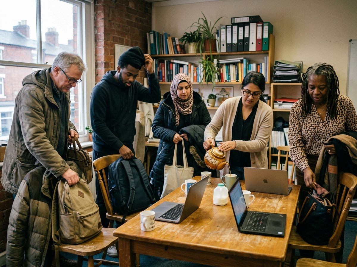 Five people of mixed heritage settling in around a table in a coworking room, bags down, laptops opening.
