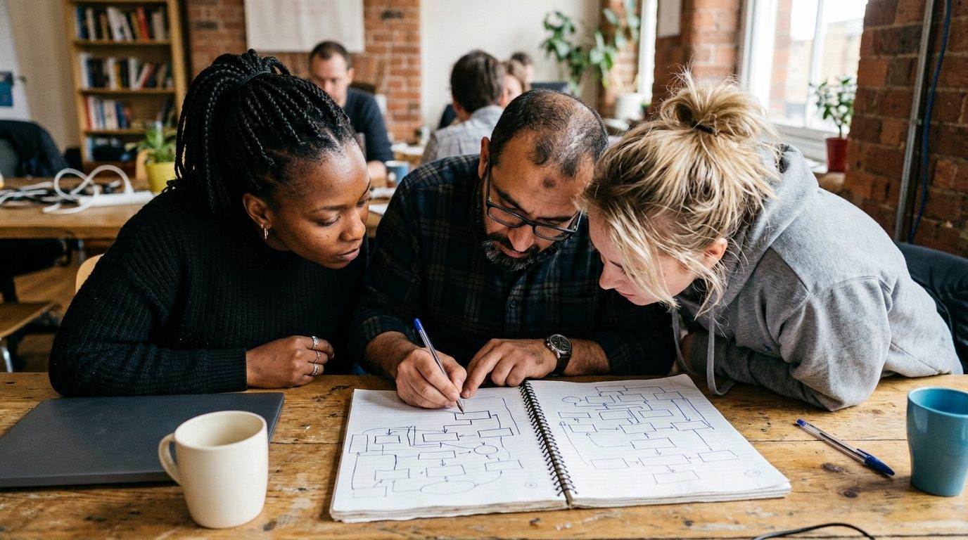 Three people leaning over a notebook covered in boxes and arrows.