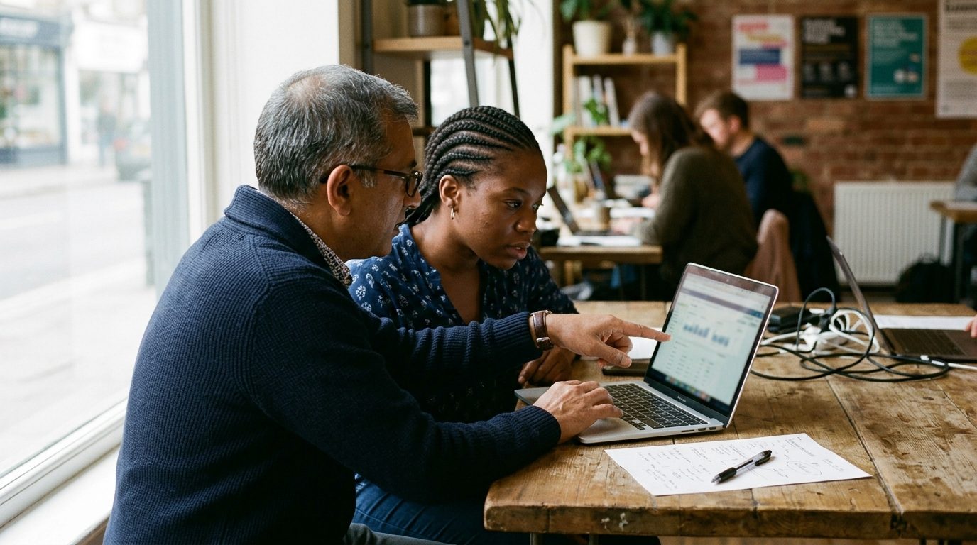 Two people reviewing a CV on a laptop screen together.