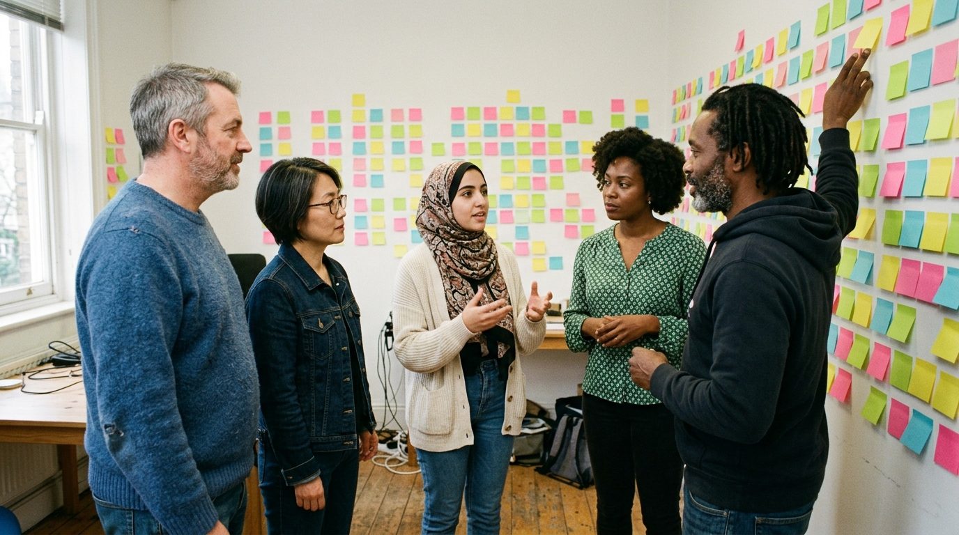 A small group gathered at a wall of sticky notes, one of them mid sentence.