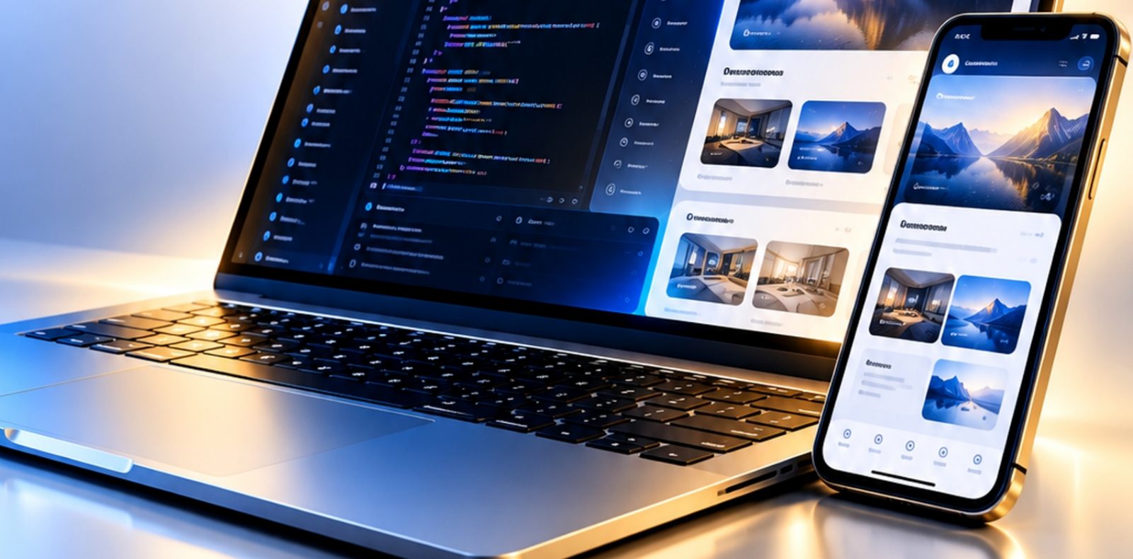 A laptop showing code beside a phone showing the finished app.