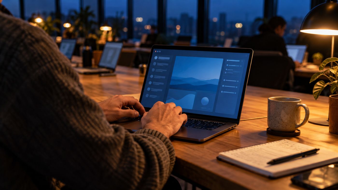 Someone typing on a laptop at a lamp-lit table in the evening.