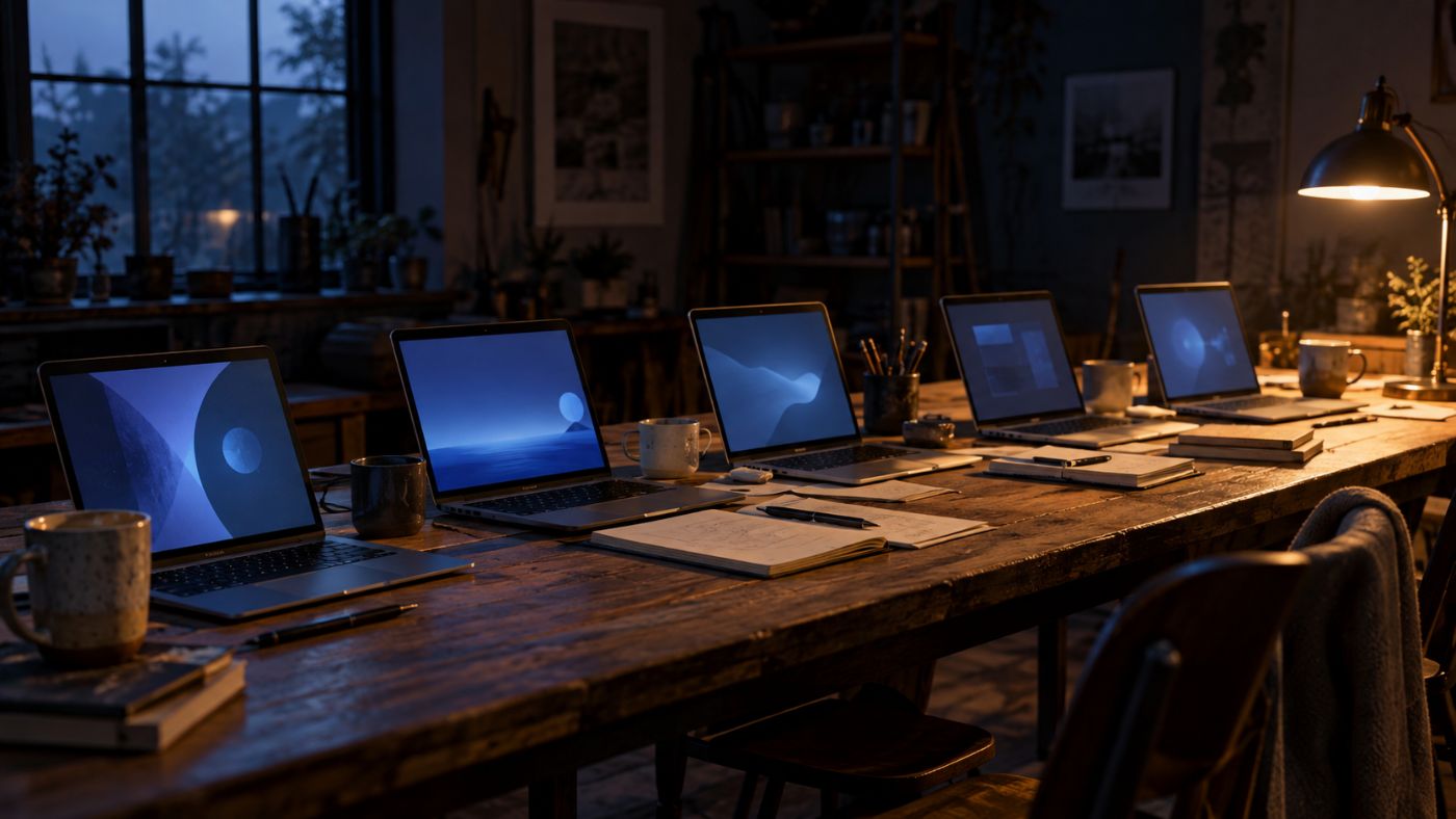 A long wooden table set with open laptops in a co-working space at night.