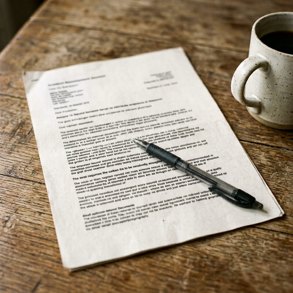 A printed CV on a table with a pen resting across it.