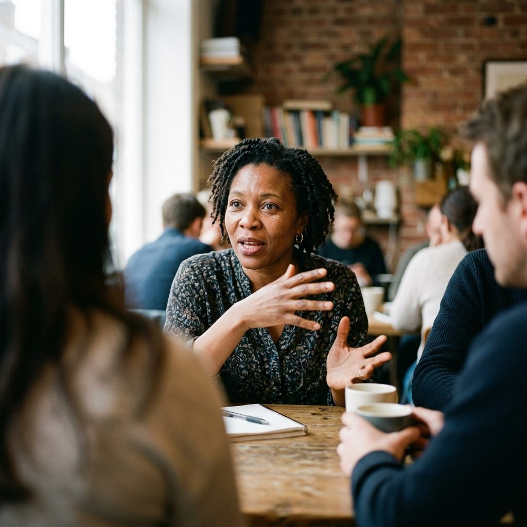 A woman mid sentence with her hands open, others out of focus listening.