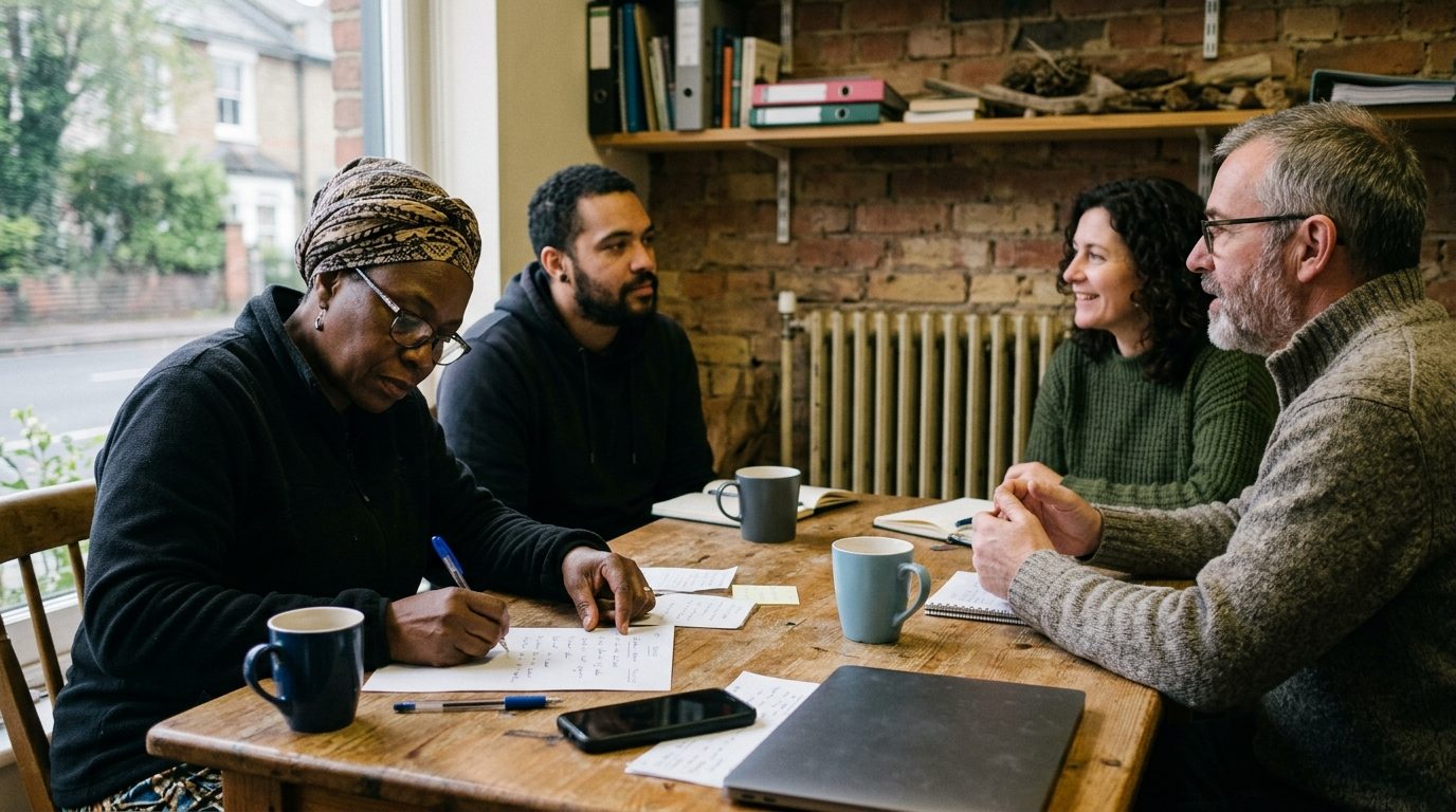 Four people around a table, one listing her existing skills on a sheet of paper.