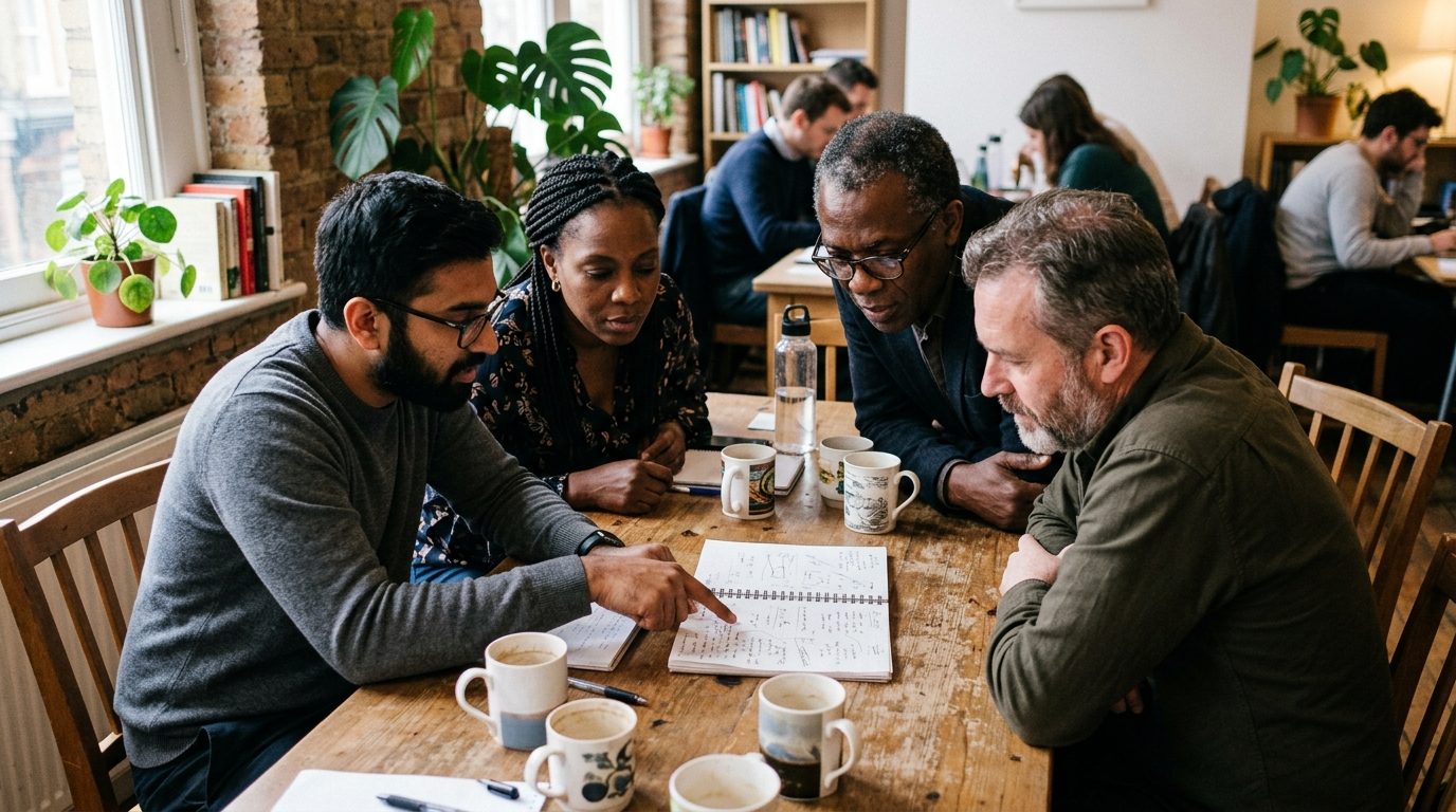 Four people around a table with a notebook open between them, one pointing at what is written.