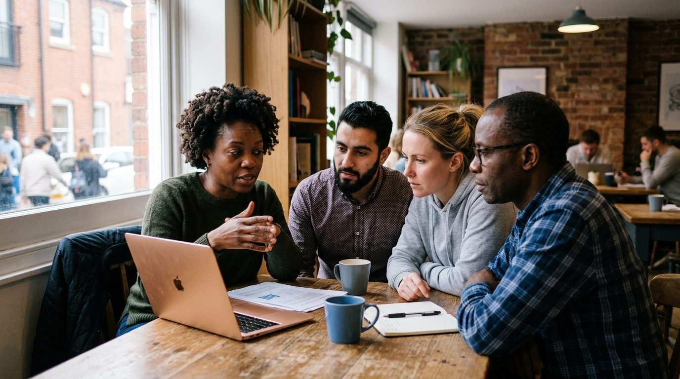 Four people at a table reviewing work on a laptop, one of them explaining a point.