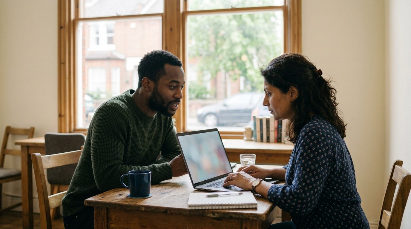 Two people side by side at a laptop in a quiet room, working through something together.
