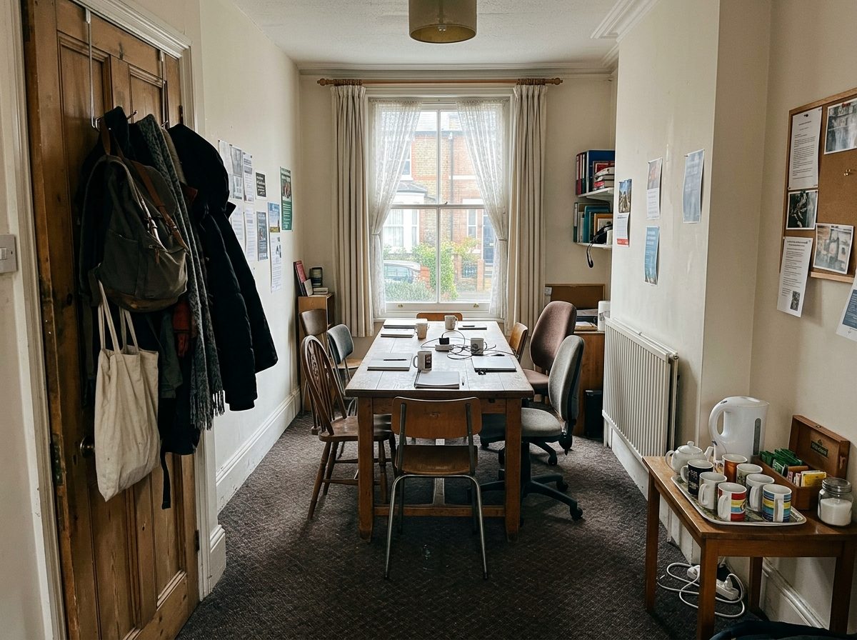 A room set up for a session, chairs round a long table and a screen at one end.