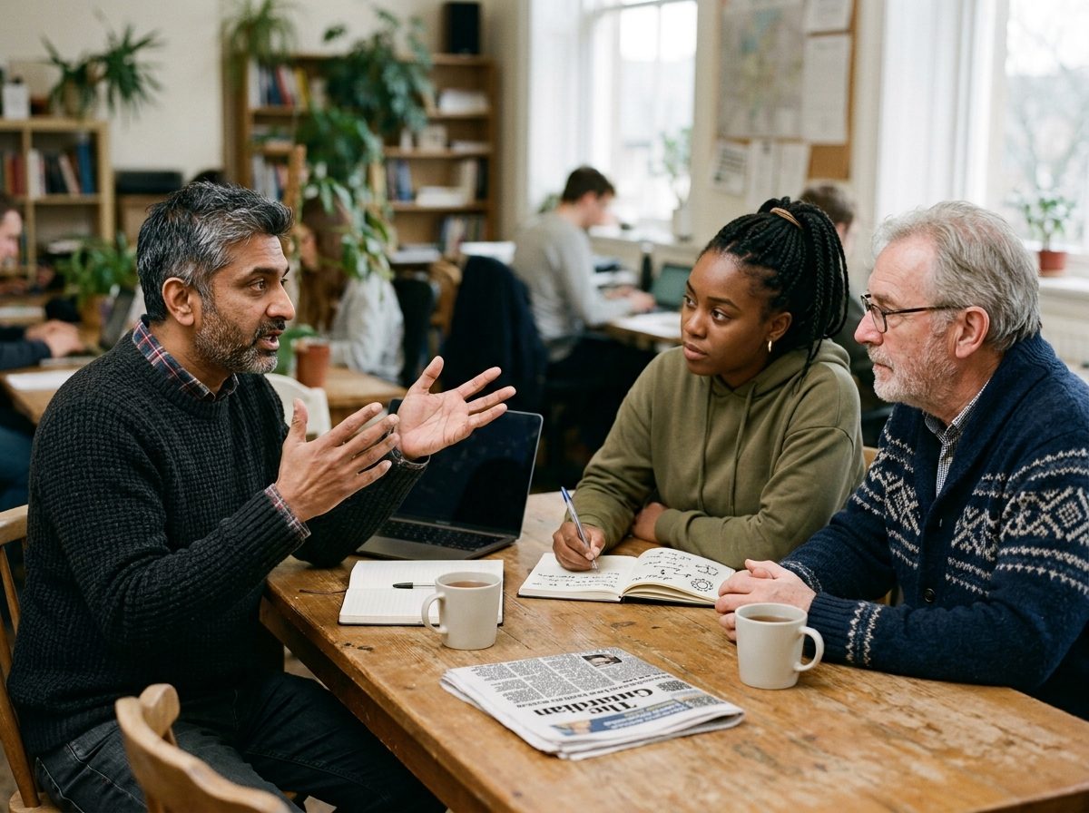 A man in his forties talking through an idea with two others across a table.