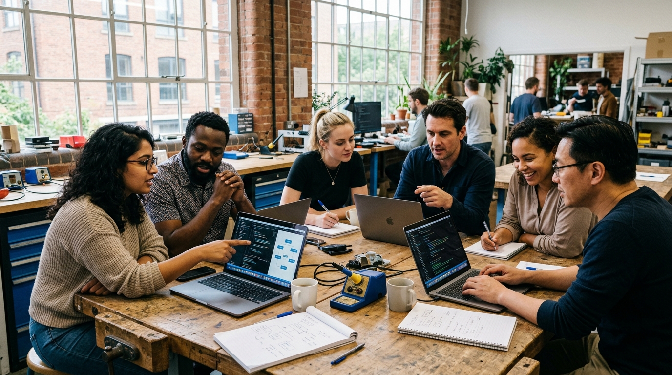 Six people around a workshop table, talking through work on their laptops.